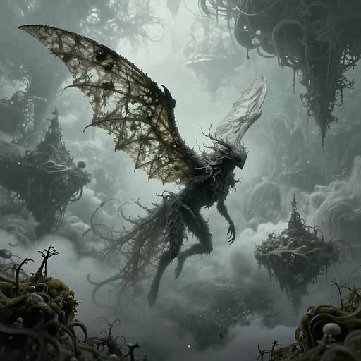 Ghostly Creature with Delicate Wings in Gothic Sci-Fi Landscape