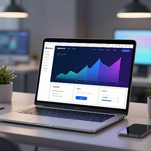 Photograph of a silver laptop on a white desk displaying a colorful line graph on Google Analytics, with blurred office background, potted plants, and hanging