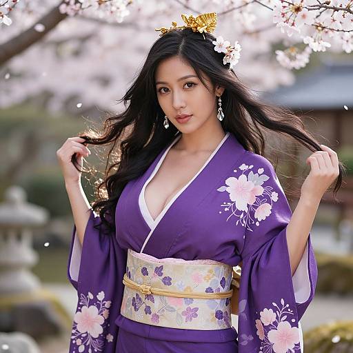 Photograph of an Asian woman with long black hair, wearing a purple floral kimono, gold hair ornament, and floral obi, standing against a