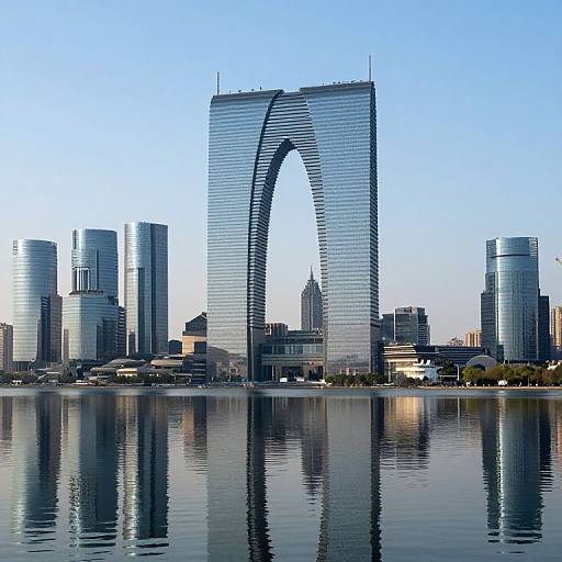 Photograph of Chicago's skyline featuring the Willis Tower with a large arch-shaped glass structure, reflected in a calm river. Blue sky, modern skyscrap