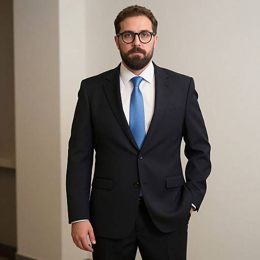 Photograph of a serious, bearded man with glasses, wearing a black suit, white shirt, and blue tie, standing against a plain white background