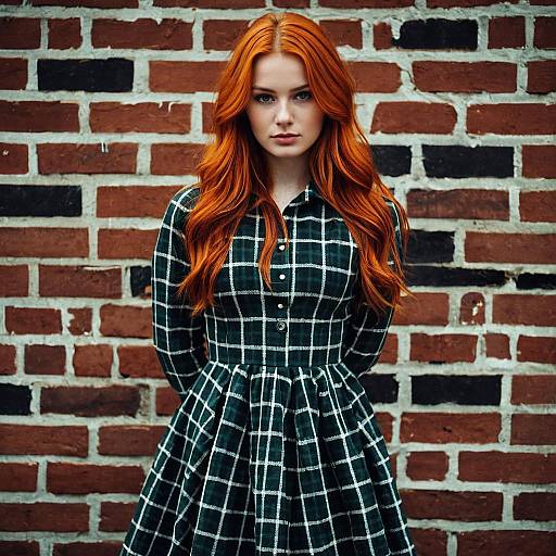 Young Woman in Plaid Dress by Brick Wall