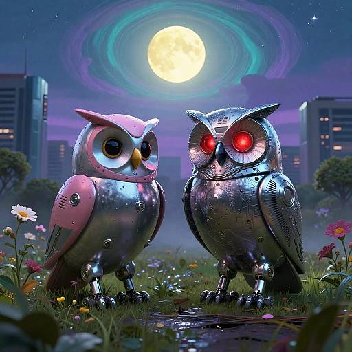 Robotic Owls in Futuristic Park