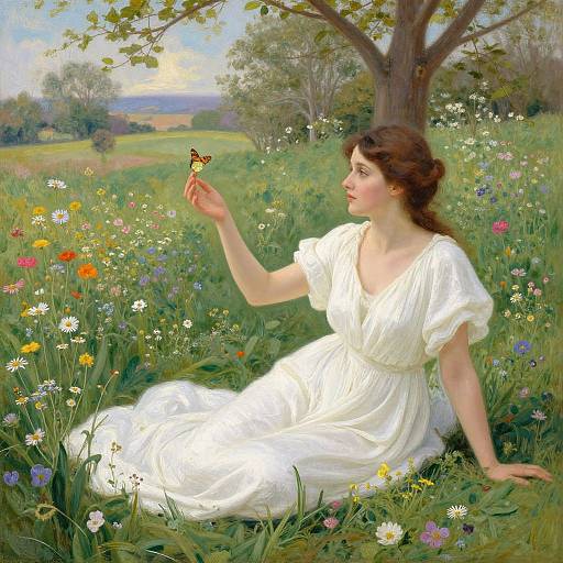 A fair-skinned woman in a white dress sits in a colorful meadow, gently holding a butterfly near a tree. Photorealistic painting.