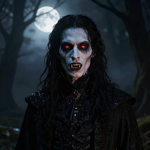 Photorealistic digital artwork of a pale, sinister vampire with long black hair, glowing red eyes, and sharp fangs, standing in a dark,