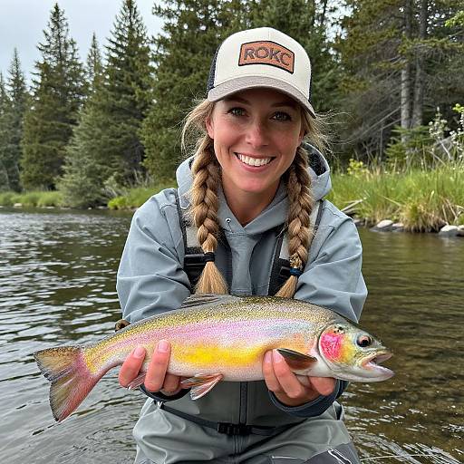 Photograph of a smiling woman with braided blonde hair, wearing a white cap and blue fishing jacket, holding a colorful rainbow trout in a forested