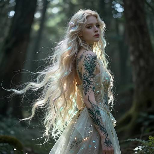 Photograph of a blonde, tattooed woman with long, flowing hair in a translucent, glowing dress, standing in a dark, enchanted forest.