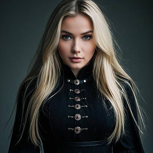 Photograph of a blonde woman with long hair, blue eyes, and fair skin, wearing a black, buttoned, ribbed shirt, against a