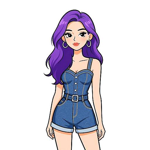 Digital anime-style drawing of a fair-skinned woman with long purple hair, wearing a blue denim romper, hoop earrings, and red lipstick.