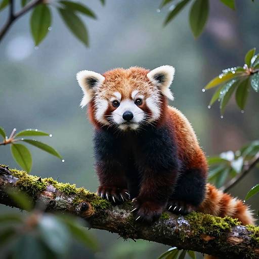 Photograph of a cute, fluffy red panda cub with white facial markings, sitting on a mossy branch, surrounded by dewy green leaves in a