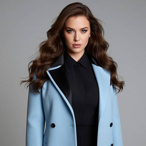 Photograph of a woman with long, wavy brown hair wearing a light blue coat over a black shirt, standing against a gray background.