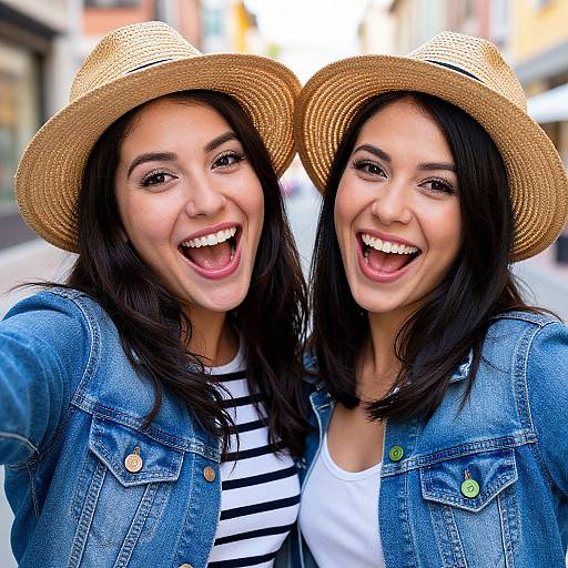 Photograph of two smiling women with long black hair, wearing straw hats and denim jackets, standing close together on a street.