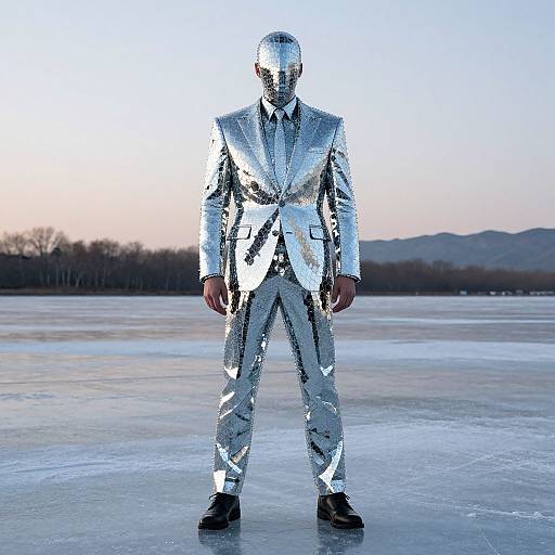 Photograph of a man in a reflective silver suit standing on a frozen lake at sunset, his face obscured by the suit's mirrored surface.
