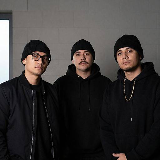 Three Men Wearing Black Beanies and Clothing