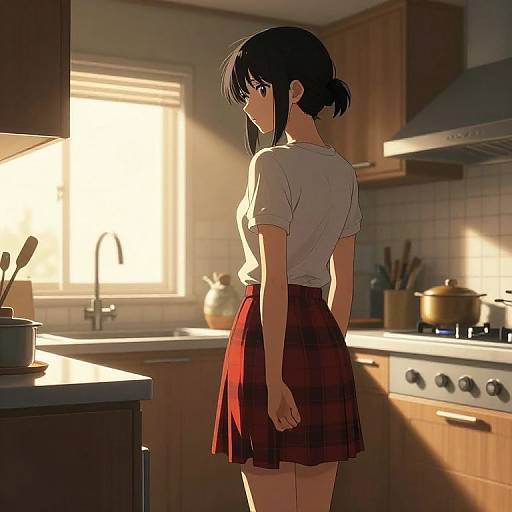 Anime-style digital drawing of a young woman with black hair in a ponytail, wearing a white shirt and red skirt, standing in a sunlit kitchen