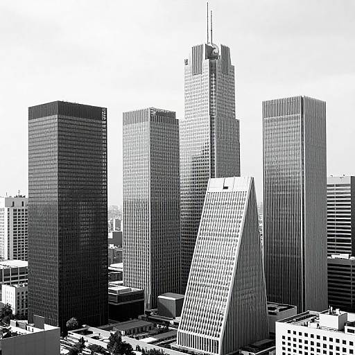Black-and-white digital illustration of a city skyline featuring tall, modern skyscrapers with varying architectural styles and textures. High-rise buildings with reflective glass and