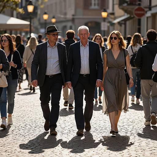 Photograph of a sunlit, cobblestone street with elderly couple in dark suits holding hands, accompanied by a woman in a grey dress, surrounded