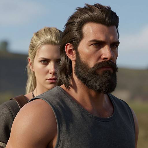 Photorealistic CGI of a muscular, bearded man with dark hair in a black tank top, standing in front of a blonde woman with intense expressions