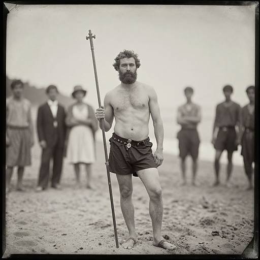 Black-and-white photograph of a bearded, shirtless man in dark shorts holding a spear, standing on a sandy beach with blurred, dressed onlook
