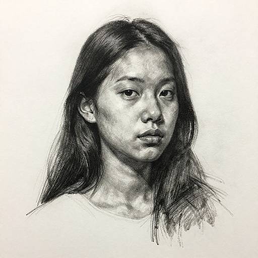 Black-and-white pencil sketch of an Asian woman with long hair, neutral expression, wearing a simple top, set against a plain white background.