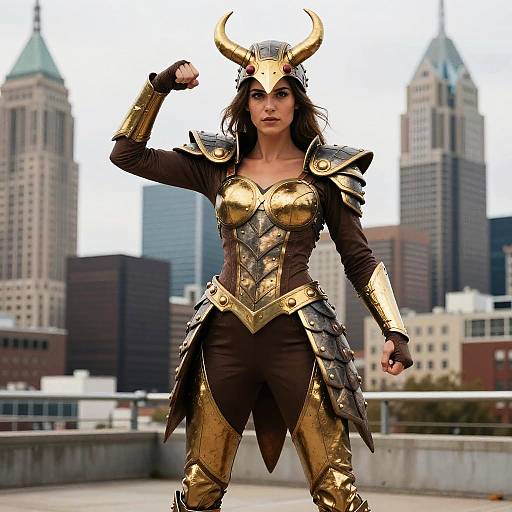 Photograph of a dark-haired woman in golden, horned Viking armor, flexing her arm on a rooftop, with a city skyline in the background