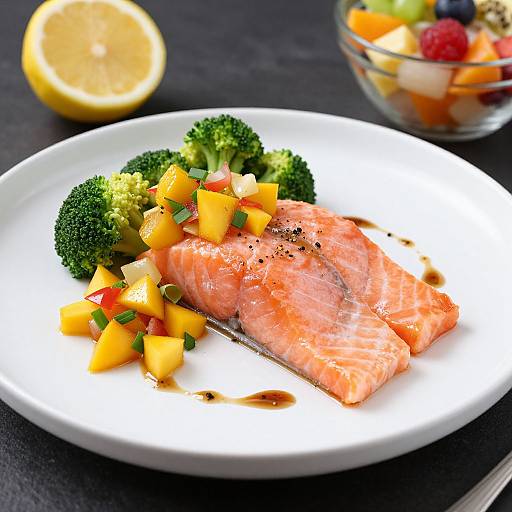 Photograph of a white plate with grilled salmon, broccoli, diced orange bell peppers, and red onion, drizzled with sauce, beside a glass