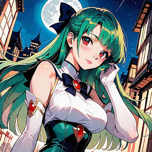 Anime-style digital drawing of a green-haired woman with red eyes, wearing a white top, black bow, and gloves, against a moonlit, castle