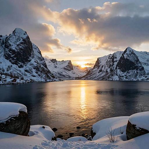 Photograph of a snowy mountain lake at sunset, with golden sunlight reflecting on calm water, surrounded by snow-covered peaks and clouds.