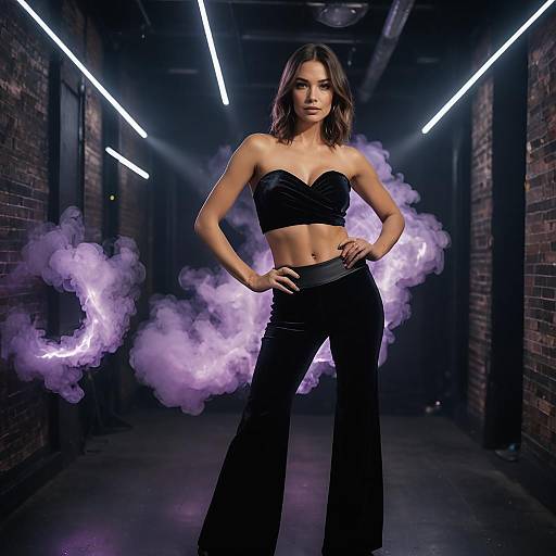 Woman in Velvet Tube Top and Flared Pants in Moody Club