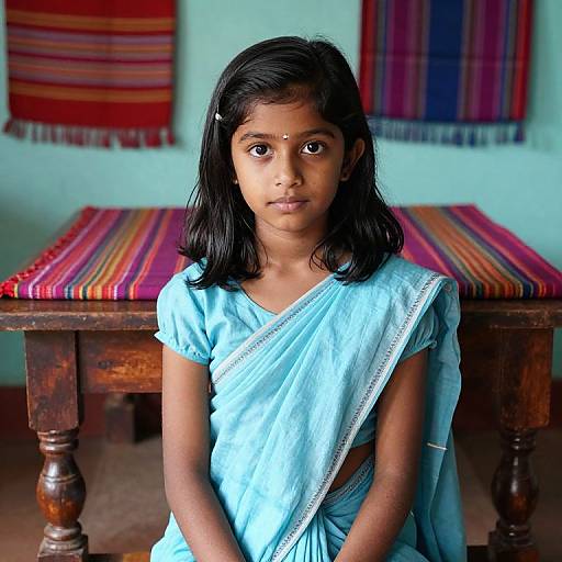 Photograph of a young Indian girl with medium brown skin, black hair, wearing a light blue saree, standing in front of a wooden table with