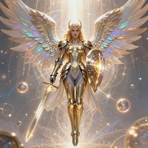 Digital artwork of a golden-winged angel warrior with glowing armor, holding a shining sword and shield, surrounded by sparkling bubbles and light.