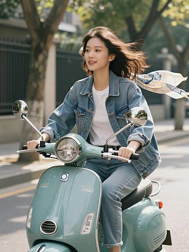 Woman Riding Vintage Scooter on City Street