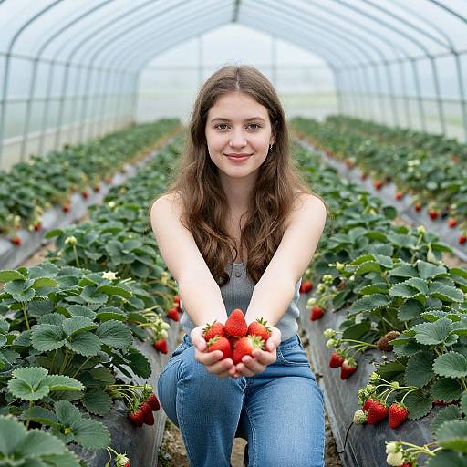 Photograph of a young woman with long brown hair, wearing a gray tank top and blue jeans, smiling while holding ripe strawberries in a greenhouse strawberry field