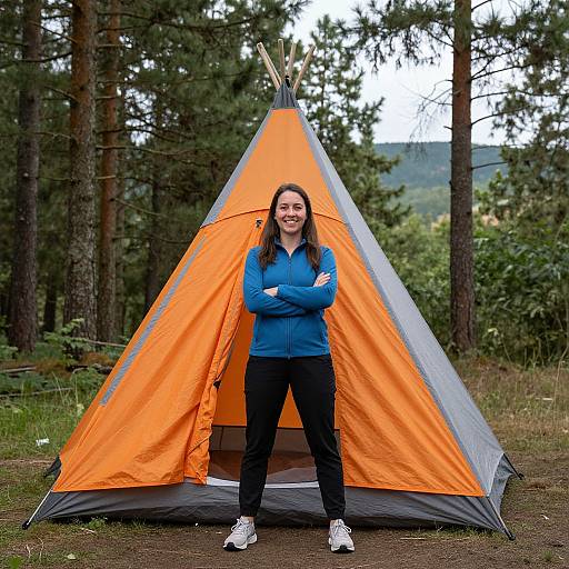 Photograph of a smiling woman with long brown hair, wearing a blue jacket and black pants, standing in front of an orange and gray tent in a