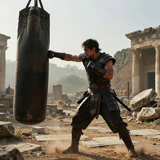 Photograph of a muscular, dark-haired man in black tactical gear punching a worn black punching bag in a sunlit, ruined, ancient building. Dust