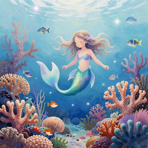 Digital illustration of a serene mermaid with flowing blonde hair, blue-green tail, and purple flower, floating among vibrant coral reefs and colorful fish in a