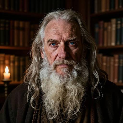 Photograph of an elderly man with long white hair, blue eyes, and a full white beard, standing in a dimly lit library with booksh