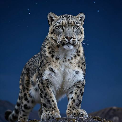 Photograph of a majestic snow leopard standing on a rock under a starry night sky, with intense blue background and detailed spotted fur.