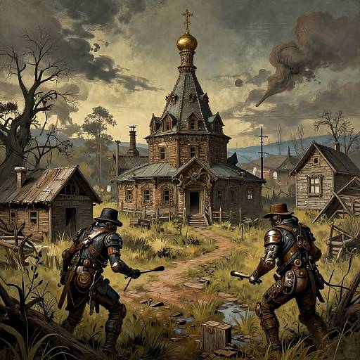 Digital painting of two armored soldiers facing each other in a dilapidated, rural village with a gothic church, smoky sky, and abandoned wooden