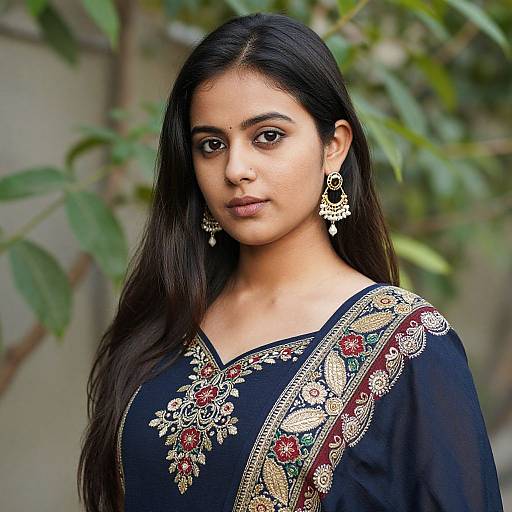 Photograph of a young South Asian woman with long black hair, wearing a black embroidered traditional outfit, gold earrings, and a bindi, standing in