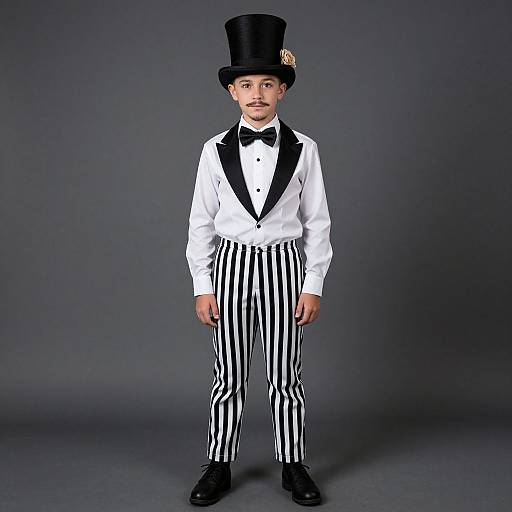 Photograph of a young boy in a formal outfit: white shirt, black bow tie, black top hat, black and white striped pants, black shoes