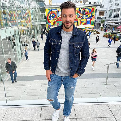 Photograph of a bearded man with short brown hair, wearing a denim jacket, white tee, and ripped jeans, standing in front of a colorful