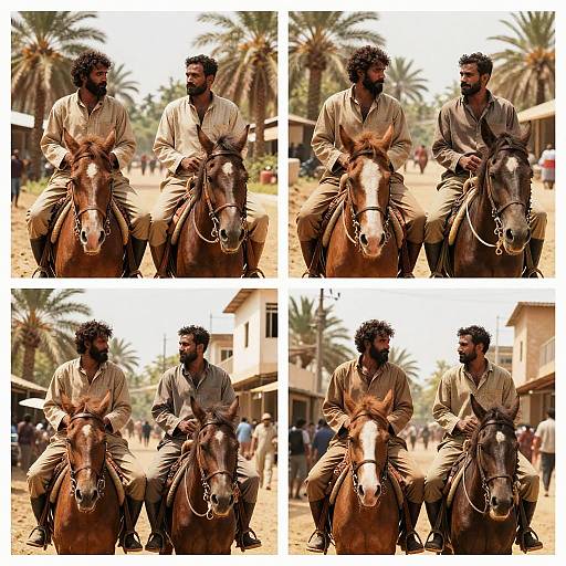 Photograph collage of two bearded men with dark curly hair, wearing beige traditional attire, riding a brown horse in a sunlit, palm tree-lined