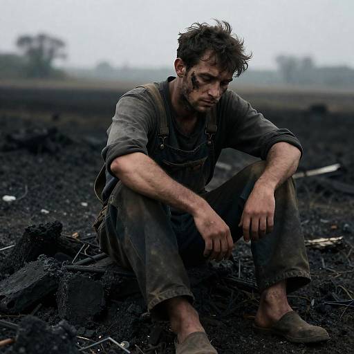 Photograph of a dirty, disheveled man with tousled hair and dark beard, crouching in a barren, charred landscape, wearing