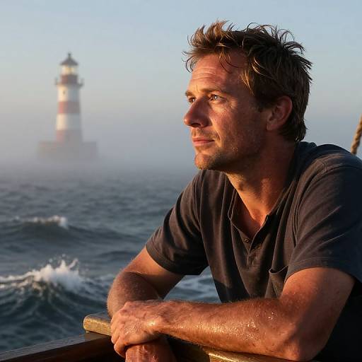 Photograph of a rugged, wet-haired man in a black shirt, gazing at a foggy lighthouse on the ocean's horizon.