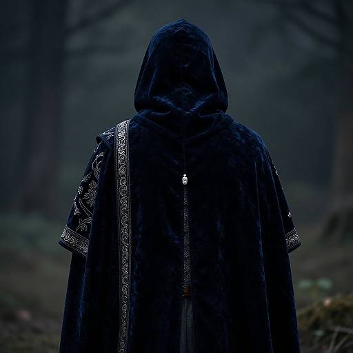 Photograph of a mysterious figure with a black hooded cloak adorned with intricate silver embroidery, standing in a dark, foggy forest.