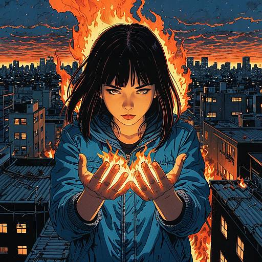 Teenage Girl with Elemental Fire Powers on Urban Rooftop