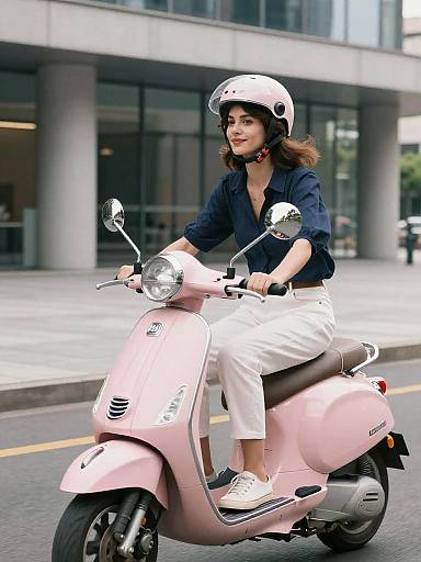 Woman Riding Pink Scooter in Urban Plaza