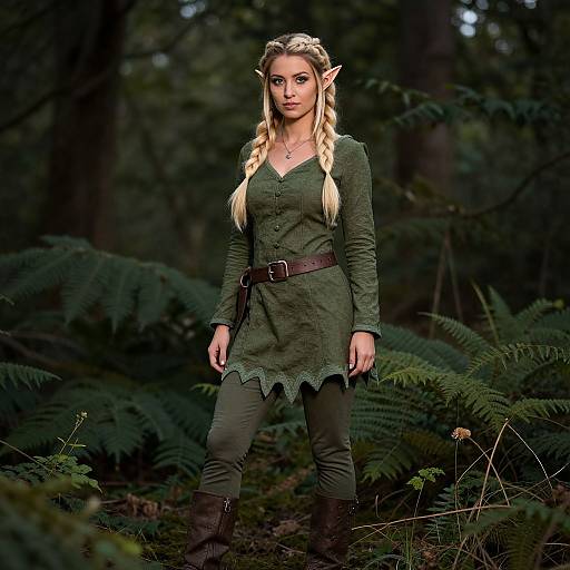 Photograph of a blonde elf woman with pointed ears, long braids, wearing a green tunic, black belt, and green pants, standing in