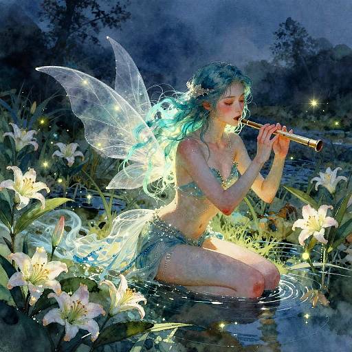 Digital painting of a glowing fairy with blue hair, translucent wings, and lily-white lingerie, playing a flute in a moonlit pond surrounded by lumin